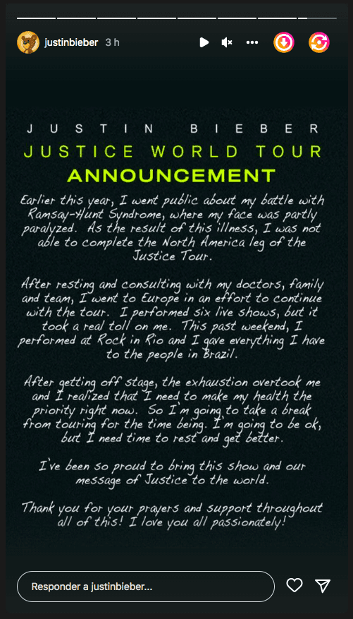 Justin Bieber explica por qué canceló su concierto en Chile.