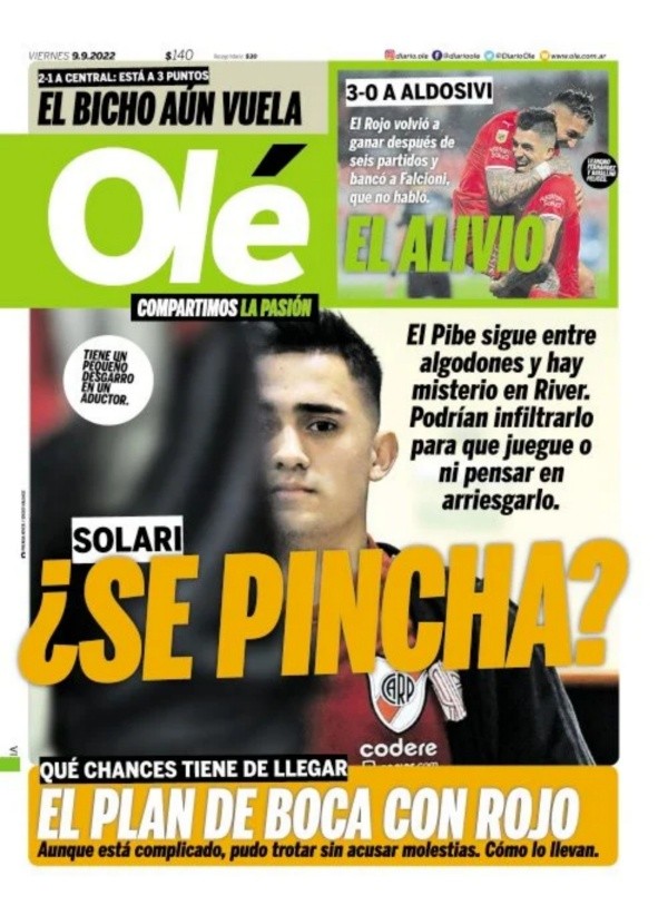Solari es portada de Olé en la previa del Superclásico argentino.