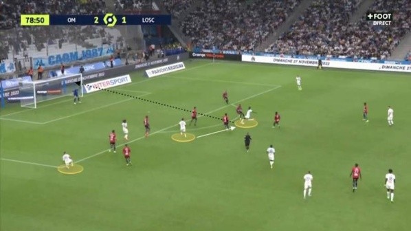 “El turco le pasa el balón a Pape Gueye que puede armar un buen tiro que será detenido por Lucas Chevalier”.