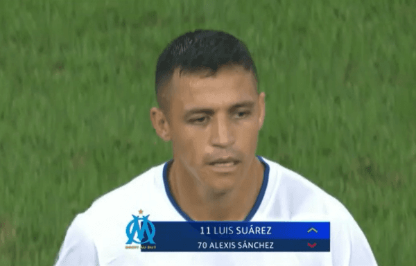 Así salió Alexis Sánchez, quien le dejó su lugar al colombiano Luis Suárez en los 59&#039; de la derrota ante el Eintracht Frankfurt. (Captura ESPN).