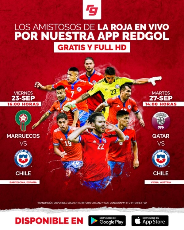 Recuerda que podrás seguir en terreno la gira europea de la selección chilena a través de Redgol y su enviado especial, Enzo Olivera. Además, podrás ver los partidos gratis y en streaming: ante Marruecos (viernes 23, 16:00 horas), y Qatar (martes 27, 14:00 horas). Visita nuestra web o nuestra app y síguenos en nuestras plataformas en Facebook, Twitter, Instagram, TikTok, Twitch, YouTube, Spotify yApple Music.