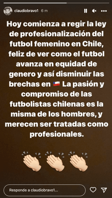 Claudio Bravo compartió en su Instagram un contundente mensaje pro fútbol femenino.