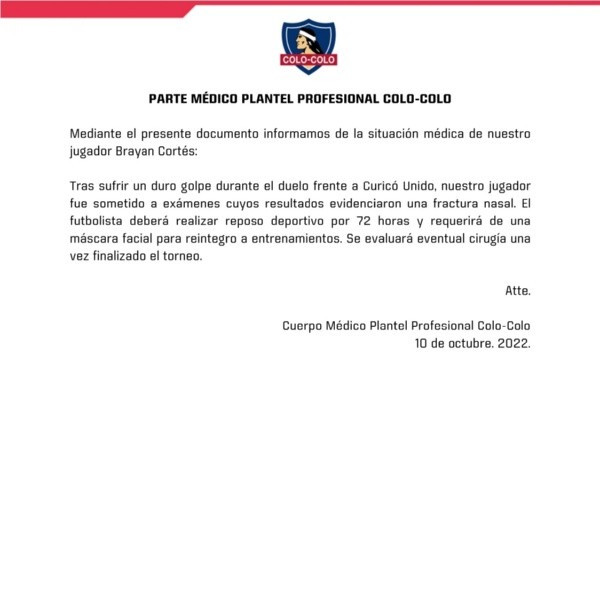Parte médico de Colo Colo por Brayan Cortés.