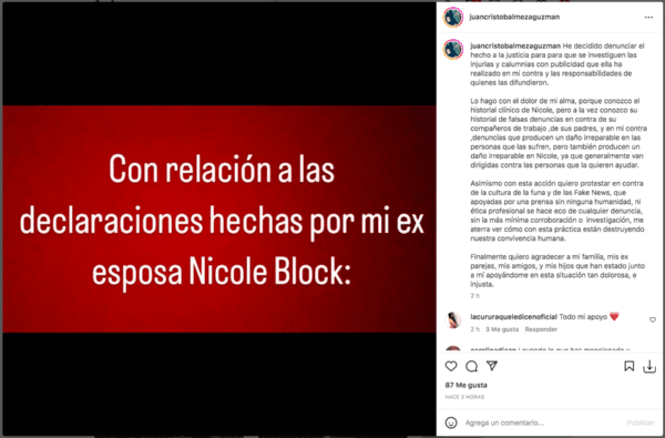 Juan Cristóbal Meza acude a la Justicia por acusaciones de Nicole Block en su contra.(Foto: Instagram)