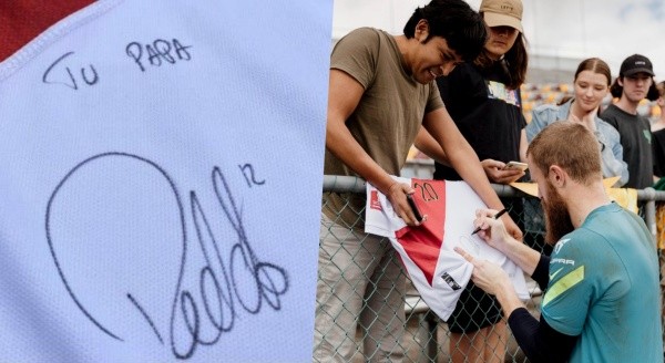 “Tu papá”, fue el mensaje que le puso Redmayne al hincha peruano junto a su autógrafo. | Foto: @RenzoGaliano / @Socceroos