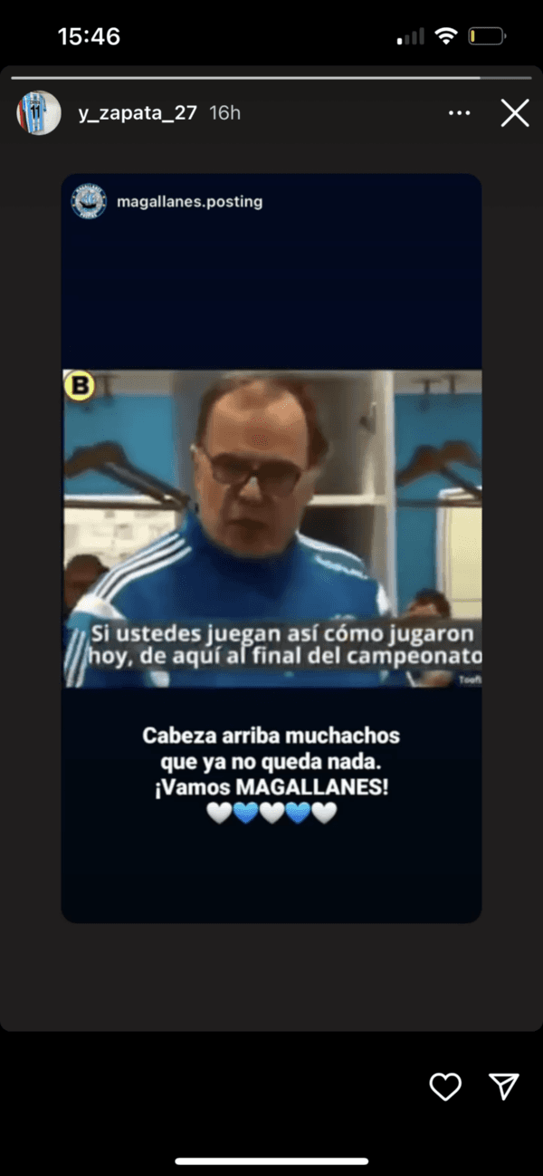 Yorman Zapata recordó la mítica charla de Marcelo Bielsa luego que Ángelo Hermosilla no cobrara dos claros penales a favor de Magallanes. Foto: Instagram