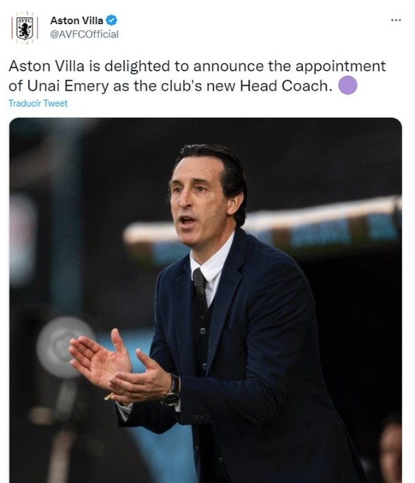 Unai Emery oficializado como nuevo DT del Aston Villa (Twitter)