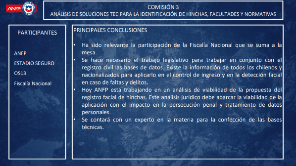 Algunas de las diapositivas presentadas por la ANFP ante el Congreso con la idea de implementar el reconocimiento facial en los estadios, entre otras medidas de seguridad para combatir la violencia.