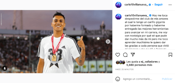 Carlo Villanueva se va de Colo Colo para buscar minutos en la cancha. Foto: Instagram