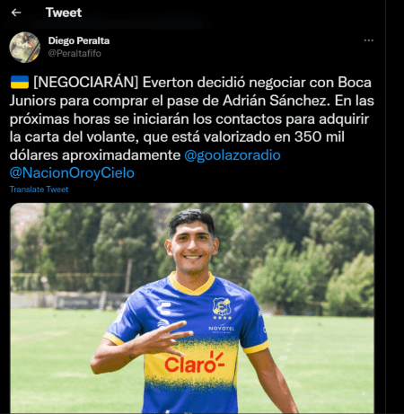Golazo Radio y su información respecto de la negociación de Everton por Adrián Sánchez. (Captura).