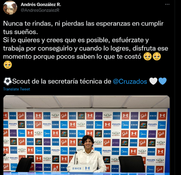 El tuit de Andrés González para dejar clara su felicidad por incorporarse al equipo de scouting de Universidad Católica. (Captura).