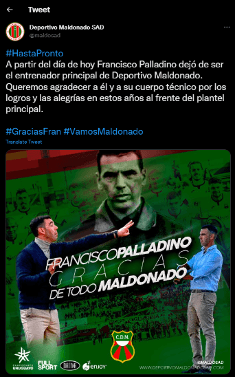 La despedida de Deportivo Maldonado para Francisco Palladino, el nuevo DT de Santiago Wanderers.
