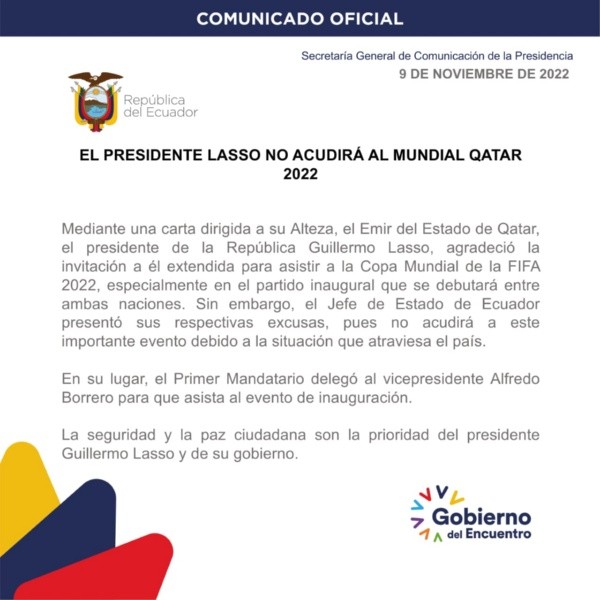 Comunicado de la presidencia de Ecuador.