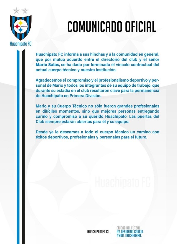El comunicado de Huachipato que oficializó la salida de Salas