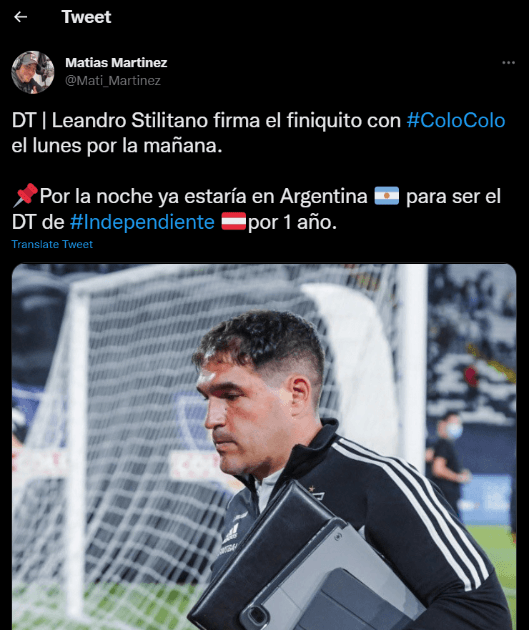 El tuit de Matías Martínez, el periodista de La Red que da por hecho que Leandro Stillitano será el DT de Independiente. (Captura).