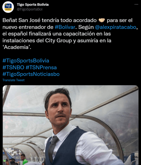 Tigo Sports Bolivia y su información sobre Beñat San José. (Captura).