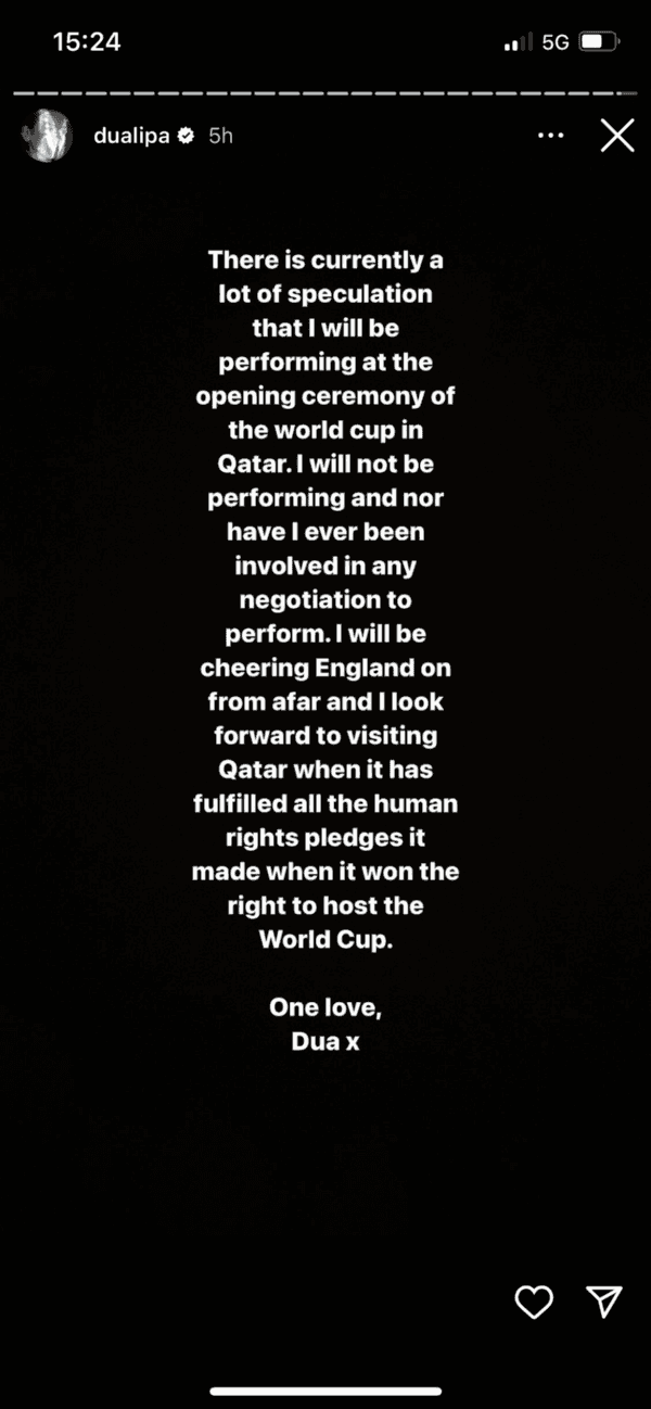 Dua Lipa le dice NO al Mundial de Fútbol en Qatar 2022.(Foto: Instagram)