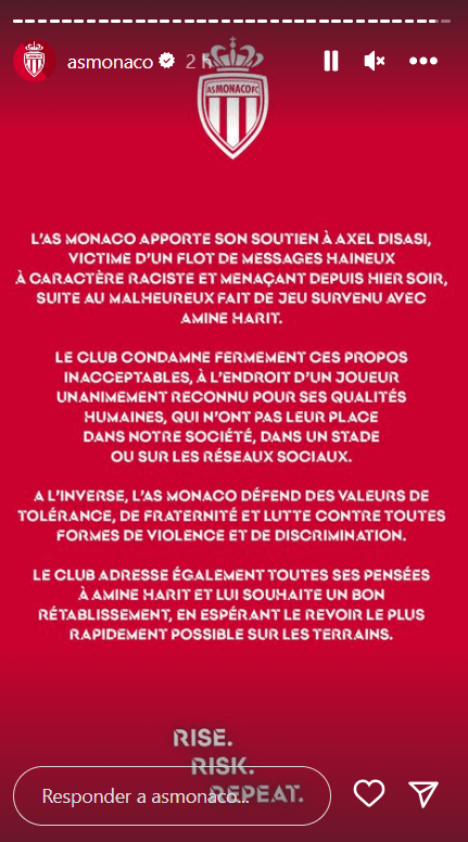 La declaración pública del AS Mónaco para defender a Axel Disasi de los insultos y descalificaciones racistas. (Captura).
