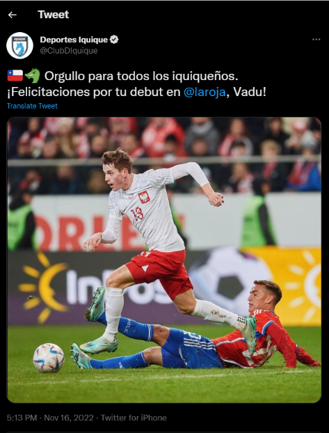 El tuit que le dedicó Deportes Iquique a Michael Fuentes por su debut en la selección chilena. (Captura).