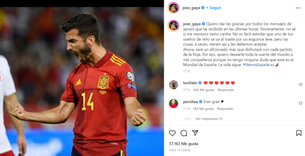 El mensaje de José Gayá tras quedar fuera del Mundial de Qatar 2022 por una lesión. (Captura Instagram).