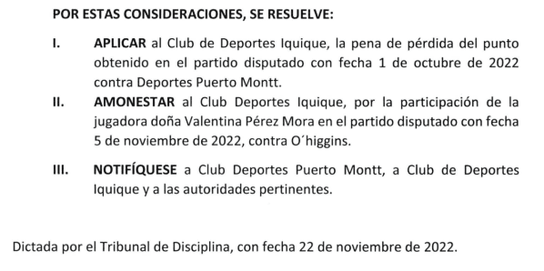 La sentencia del fallo del Tribunal de Disciplina contra Iquique. (ANFP).