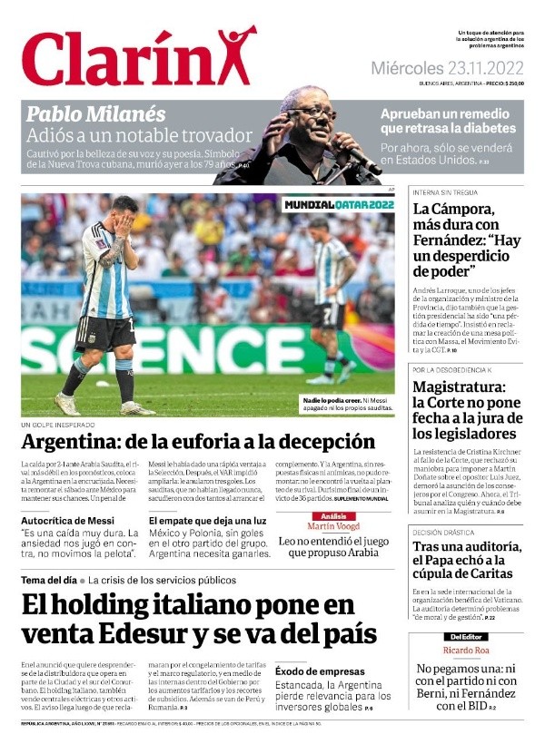 La portada de El Clarín tras la derrota de Argentina. Foto: Twitter.