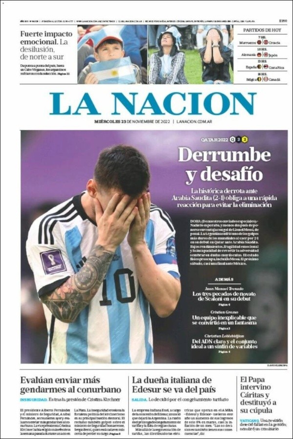 Diario La Nación remarcando la dura derrota de la albiceleste. Foto: Twitter