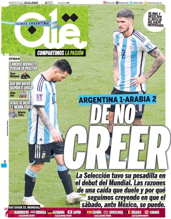 El titular del diario Olé a un día de la derrota ante Arabia. Foto: Twitter.