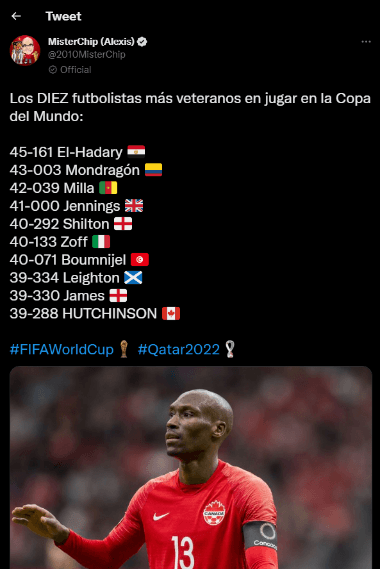 El listado de los 10 jugadores más veteranos en jugar un Mundial. (Captura Twitter Míster Chip).