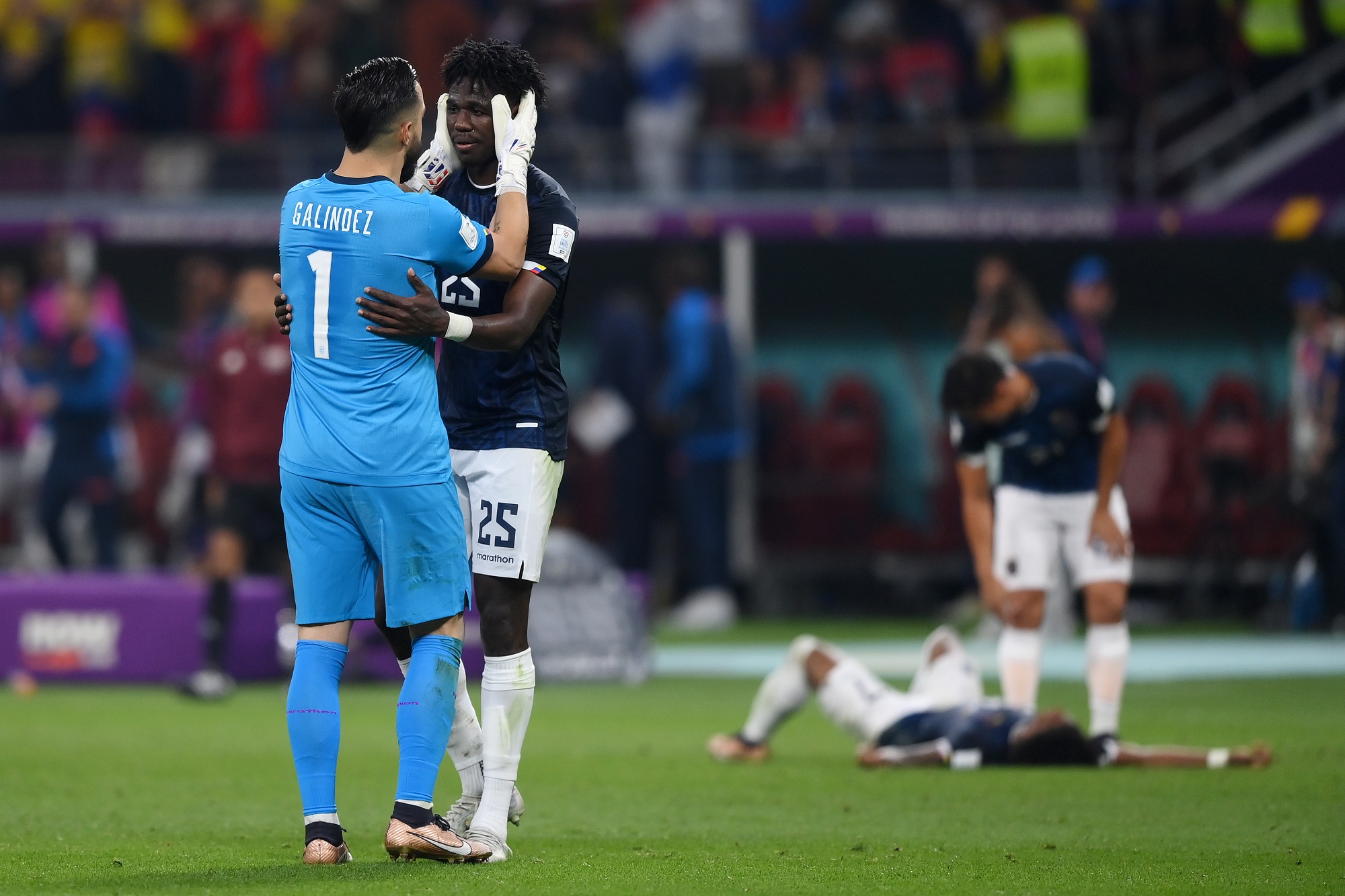 Hernán Galíndez felicita a Jackson Porozo luego del empate de Ecuador ante Países Bajos. (Getty Images 2022).