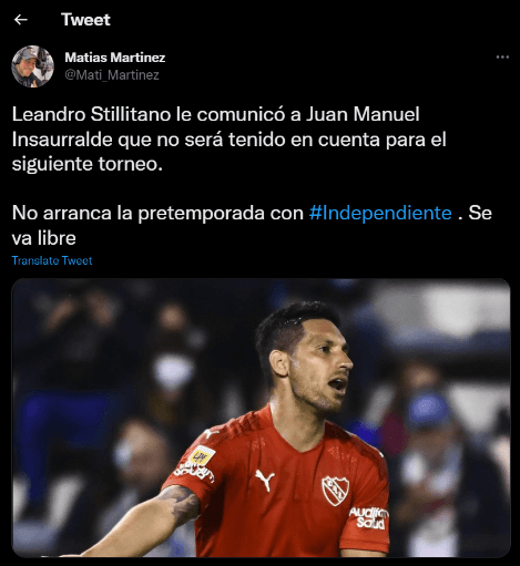 El Chaco Insaurralde debe buscar club si quiere seguir activo. No continuará en Independiente. (Captura Twitter).