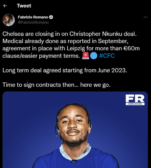 Fabrizio Romano informó así del acuerdo entre el Chelsea y el RB Leipzig por Christopher Nkunku. (Captura).