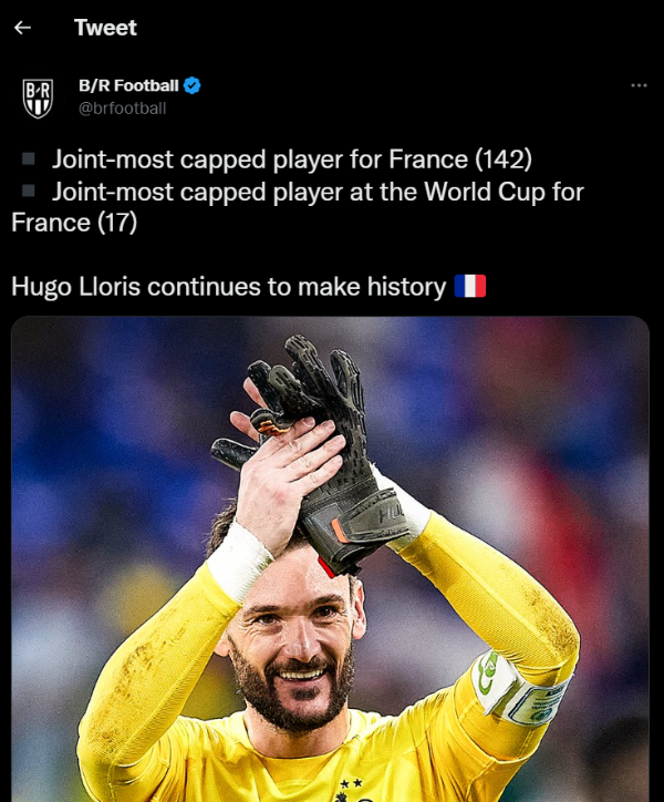 Los dos registros que derribó Hugo Lloris tras comenzar de titular en el duelo entre Francia y Polonia. (Captura Twitter Bleacher Report).
