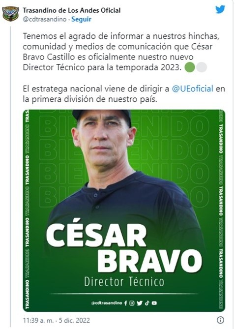Trasandino confirmó la llegada de César Bravo por redes sociales.