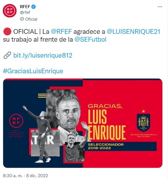 Así despidió la RFEF a Luis Enrique. | Foto: Captura.