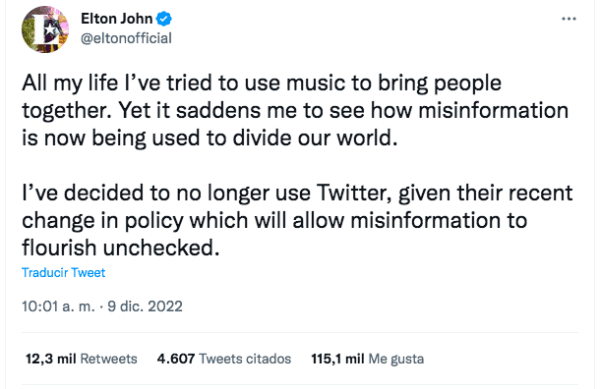Elton John manda a volar a Twitter tras llegada de Musk.(Foto: Twitter)