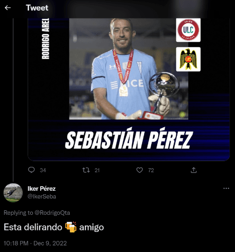 La respuesta de Sebastián Pérez en Twitter. (Captura).
