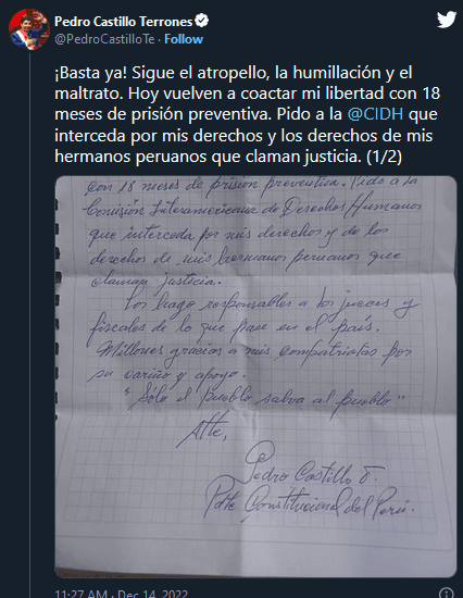 Twitter: Pedro Castillo Terrones