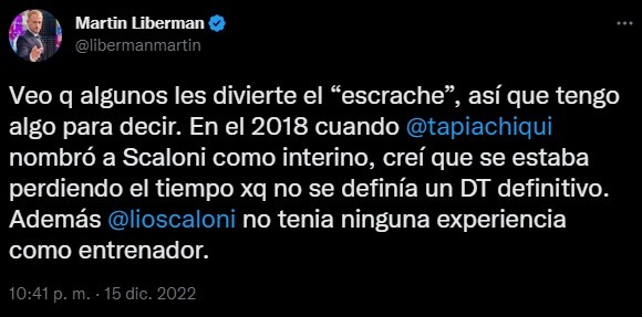 El hilo de Martín Liberman en Twitter respondiendo a las burlas por el éxito del &quot;desconocido&quot; Lionel Scaloni en la banca de Argentina.