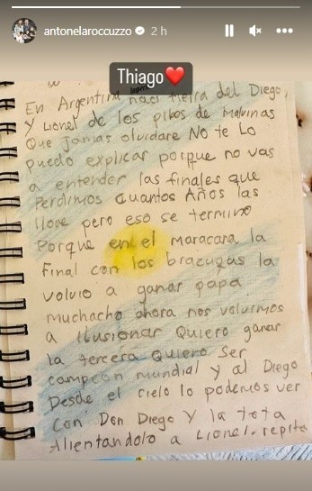 La carta del pequeño Thiago Messi a su padre. | Foto: Instagram Antonela Roccuzzo.