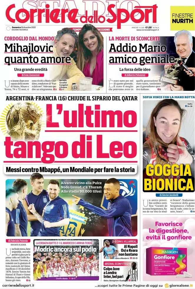 La portada de Corriere dello Sport a horas de la final de Qatar 2022