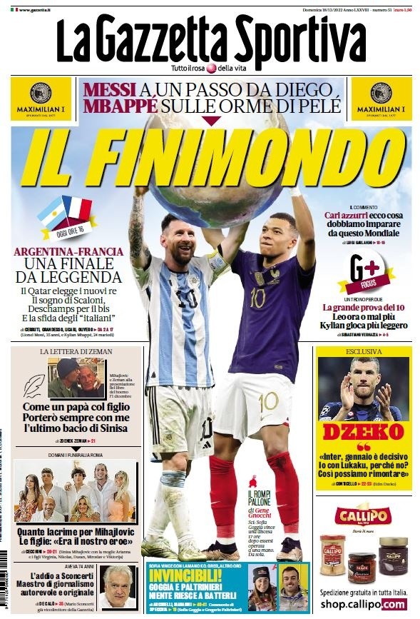 La portada de La Gazzetta Sportiva a horas de la final de Qatar 2022