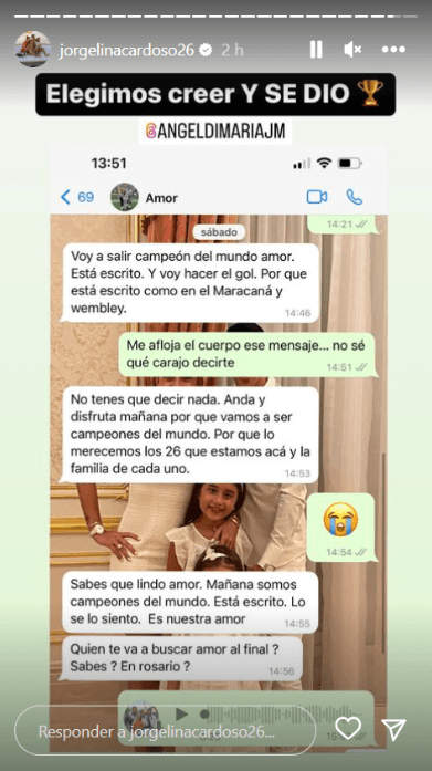 El pantallazo que compartió Jorgelina Cardoso: su conversación por WhatsApp con Ángel di María el sábado 17 de diciembre, el día antes de la final del Mundial de Qatar 2022. (Captura).