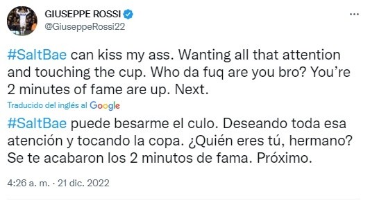El mensaje de Giuseppe Rossi en su Twitter personal. | Foto: Captura.