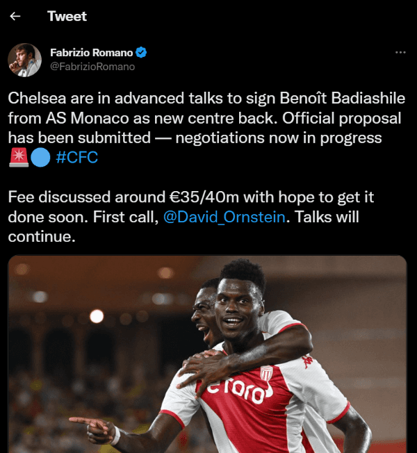 Fabrizio Romano detalla parte de la negociación que el Chelsea lleva para quedarse con el defensor francés del AS Mónaco Benoit Badiashile. (Captura).