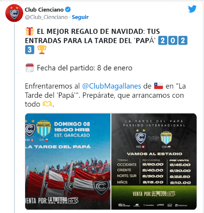 La publicación del Club Cienciano con respecto al duelo ante Magallanes. Foto: Twitter.