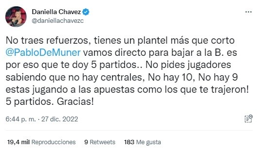 La publicación de Daniella Chavez en su Twitter personal. | Foto: Captura.
