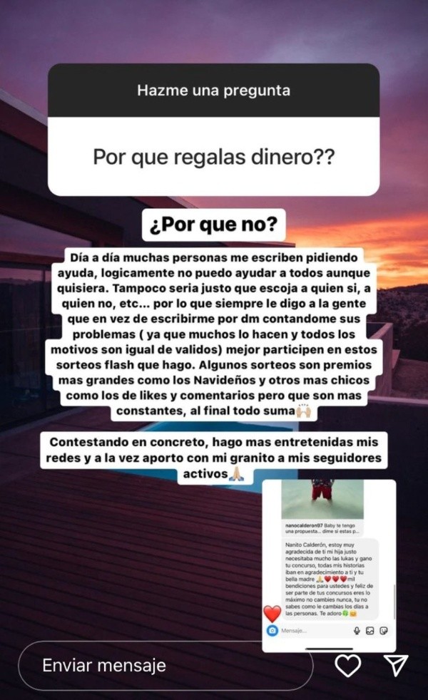La verdadera razón sobre por qué Nano Calderón regala dinero.(Foto: Instagram)