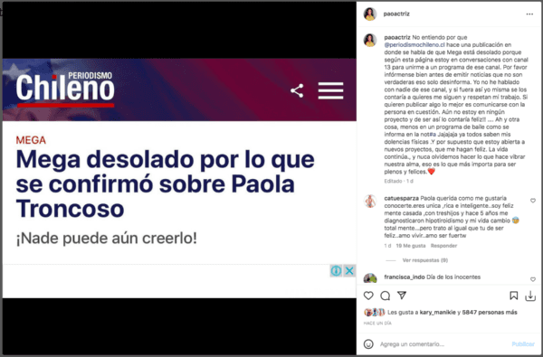 Paola Troncoso se desahoga por falsa sobre su futuro.(Foto: Instagram)
