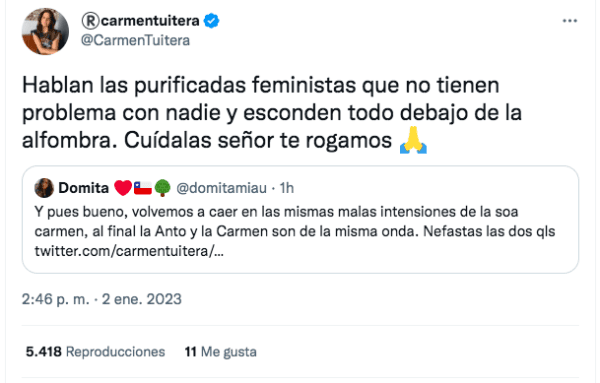 Audio que explica las críticas de Carmen Tuitera a Anto Larraín.(Foto: Twitter)